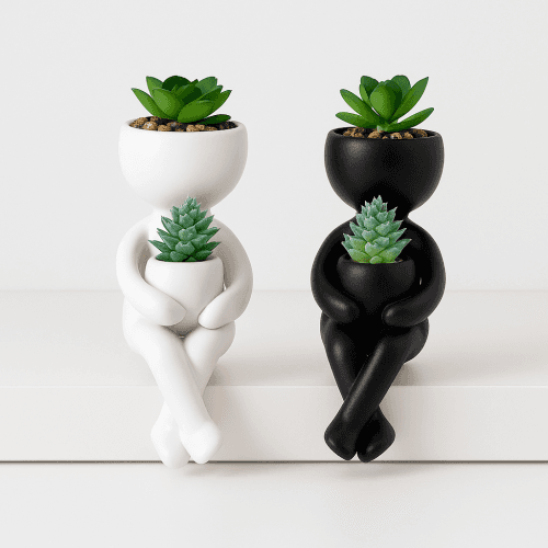 Maceta Doble Decorativa Hombrecitos Diseño Negro/Blanco - Envío Gratis Argentina